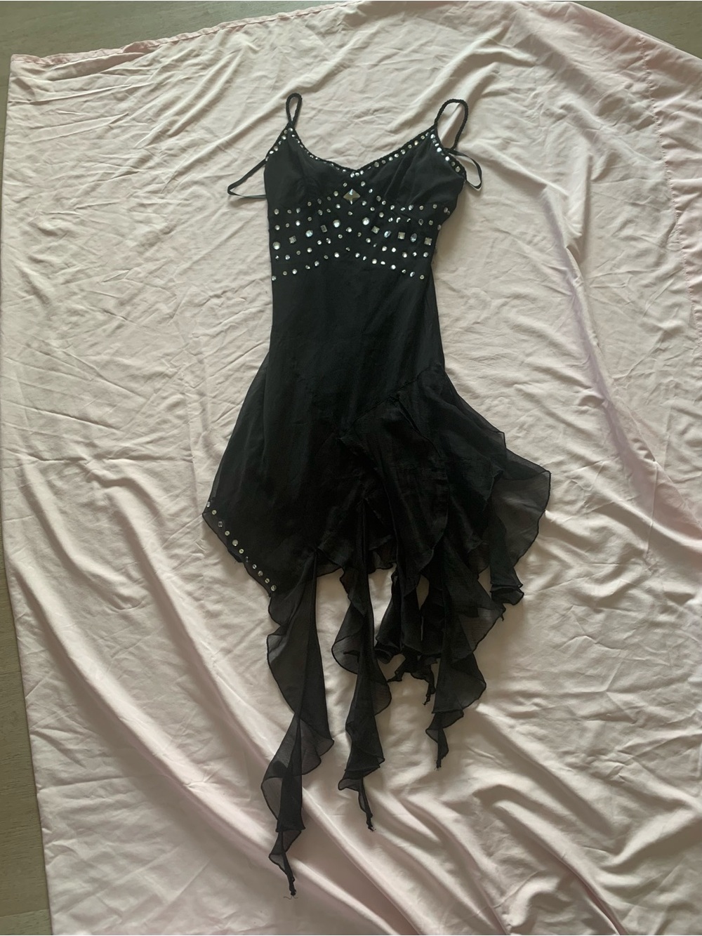Black Asymmetrical Ruffle Slip Dress with Stud Detail